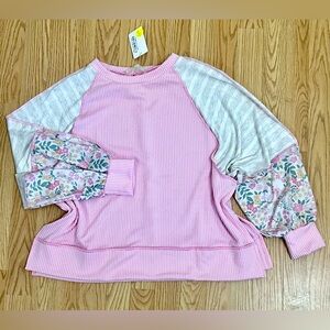 NWT Boutique Pink and Cream Floral Sleeve Pullover Sweatshirt